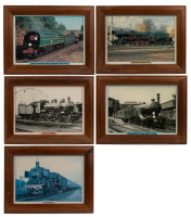 LOCOMOTIVE PORTRAITS: A group of five early locomotive portraits each mounted & framed