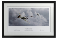 TONY GAZE: A limited edition print titled "Downing the Messerschmitt", signed by Squadron Leader F.A.O. Tony Gaze, DFC**, framed