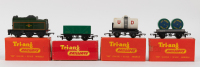 TRI-ANG: Four c1960s Tri-ang Railways small trucks & wagons in original boxes, includes one coal tender, one coal truck (R13), one cable / drum wagon (R18) and a milk tank wagon (R15)