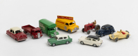 MODEL CARS: A group of nine metal, mostly OO scale railway scale model cars, trucks & agricultural vehicles
