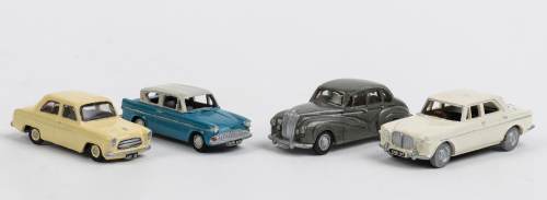 SCENERY MODEL CARS: A group of four 4mm (1:76 scale) metal model cars to suit railway diorama set-ups, made by R.Parker, Worcestershire, UK,