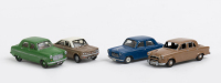 SCENERY MODEL CARS: A group of four 4mm (1:76 scale) metal model cars to suit railway diorama set-ups, made by R.Parker, Worcestershire, UK