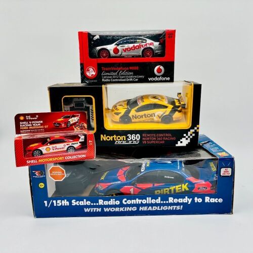 115 · RC CARS: Four RC V8 Supercars in various scales including a BA Falcon, VE Commodore, Nissan Altima and Mustang, all in original packaging [Location: Sydney]