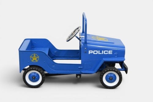 PEDAL CAR: A modern metal-bodied pedal car in the form of a Jeep in Police livery, measures approx. 88cm long