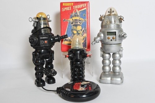 TOY ROBOTS: Three toy robots, includes two Robby the Robots, both 26cm high