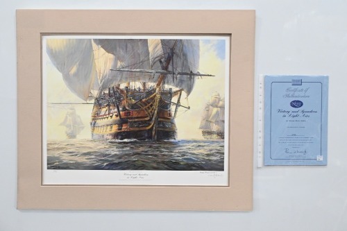 HMS VICTORY: A large limited edition print (458/850) Geoff Hunt 'Victory and Squadron in Light Airs' with COA