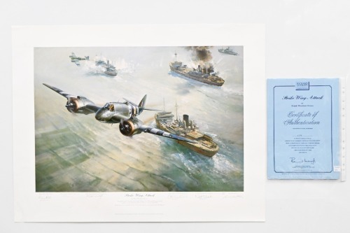 BRISTOL BEAUFIGHTER: A large limited edition print (179/850) 'Strike Wing Attack' by renowned Frank Wooten, signed by artist and numerous RAF pilots with COA
