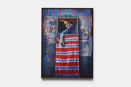 PUNCH & JUDY: A large canvas painting featuring a horror scene from Punch & Judy, modern, measures 173cm high, 126.5cm wide overall