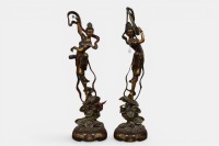 BALINESE: A pair of large carved timber polychrome Balinese style musicians, tallest 132cm high