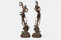 BALINESE: A pair of large carved timber polychrome Balinese style musicians, tallest 132cm high - 2