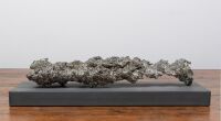 TIN SLAG: A decorative tin stag section on displayed on stone pedestal base, not affixed, base length 50cm, sculpture 43cm, weight 4.05kg (UPDATED DESCRIPTION)