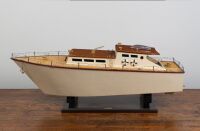 MODEL BOAT: A large scratch built timber cruiser style boat model on base, model length approx 1.05m