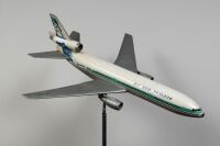 DC-10: A model c1980s Air New Zealand McDonnell Douglas DC-10 affixed to adjustable stand, height 90cm, fuselage length 70cm, wingspan 67cm - 2