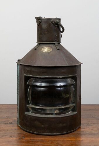 86 · NAUTICAL LANTERN: A large William Harvie (Scotland) brass nautical lantern, 54cm high, base width 28cm