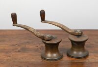 SPINNAKER WINCHES: Two Merriman Brothers (Boston) brass model No.5 spinnaker winches with handles, 26cm high, 14cm base diameter - 2