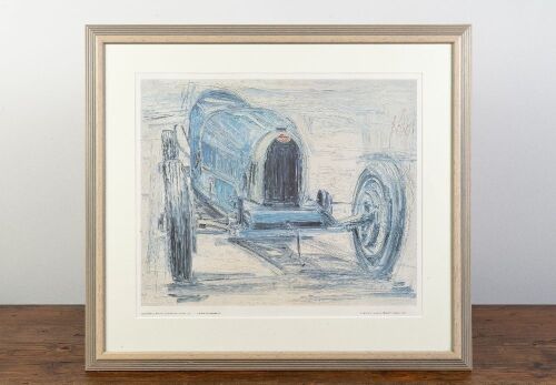 54 · BUGATTI: A large Bugatti Type 35 print after the original oil painting by artist Marcel Recher, dated 1991, mounted, framed & glazed, 70cm high, 78cm wide [UPDATED DESCRIPTION]