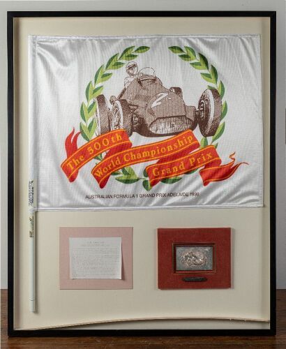 123 · 500TH GRAND PRIX: A commemorative collage celebrating the 500th Grand Prix and Alfa Romeo Tipo 159, framed with flag. bio and metal Alfa Romeo plaque