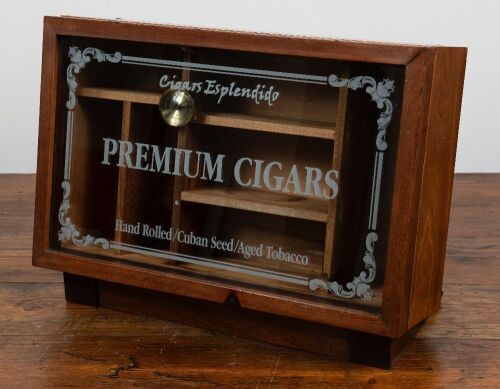 HUMIDOR: A point of sale 'Cigars Esplendido' display case/humidor in timber and glass, 34cm high, 45cm wide