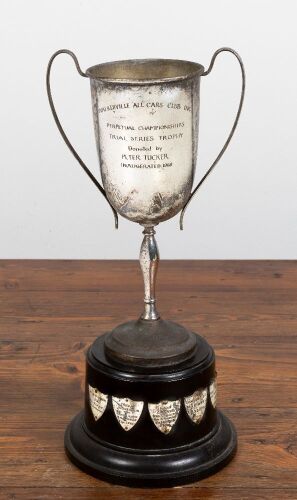 131 · WALKERVILLE: A Walkerville All Car Club Trial Series Trophy from 1968, awarded to Peter Tucker, with winners from 68-73 on base, 36cm high