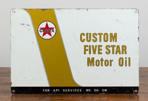59 · CALTEX: A circa 1970s Caltex 'Custom Five Star Motor Oil' enamel sign, 35.5cm high, 53.5cm wide