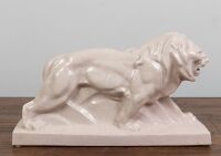 LION: A crackle glaze stylised figure of a prowling lion, 44.5cm long, 13cm wide - 2