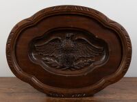 PLAQUE: A carved timber wall plaque with cartouche of bald style eagle, 62cm high, 86cm wide, 7.5cm deep