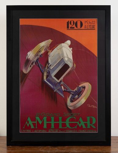 AMILCAR: A reproduced advertising print of c1924 'Le Grand Sport - AMILCAR' by artist Georges Hamel, 93cm high, 64cm wide (visible)