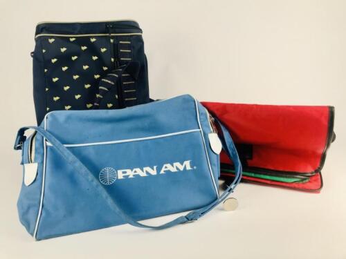 TRAVEL BAGS: 3 items, Singapore Airlines, Cathay Pacific and Pan Am travel satchels with shoulder straps.