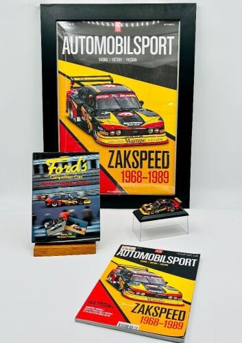 134 · ZAKSPEED CAPRI: A hardcover book, 'Ford's Competition Cars: Boreham-Cologne-Dearborn (New Edition)' by Barry Gill and Michael Frostick, together with a framed print and 1:43 scale model by Minichamps of the Zakspeed Capri and issue #39 of Automobilsport [Location: Sydney]