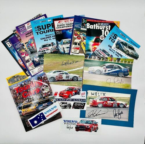 SUPER TOURING: A hardcover book, 'Touring Cars' by John Tipler together with a 3 signed photos by Peter Brock, Geoff Brabham and Jim Richards and a group of race programmes, stickers and posters [Location: Sydney].