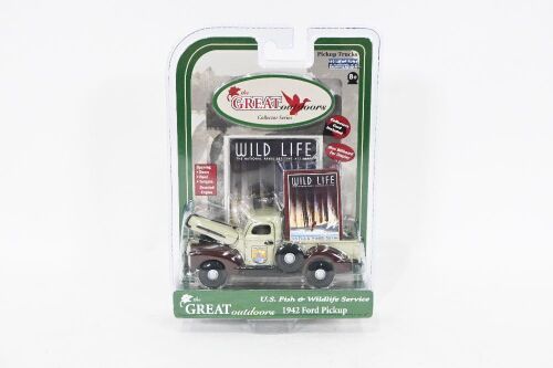 FORD: A 1:43 scale 1942 Ford pickup model, finished in two tone paintwork with the U.S. fish & wildlife service livery, part of the Great outdoors collection, made by Gearbox models, model number 56991