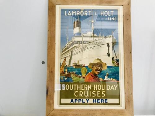 LAMPORT AND HOLT LINE: Original Poster (122cm tall, 85cm wide) 1930's multiple coloured 'Southern Holiday Cruises' poster by Walter Thomas, framed and Lamport and Holt Line playing cards, framed.