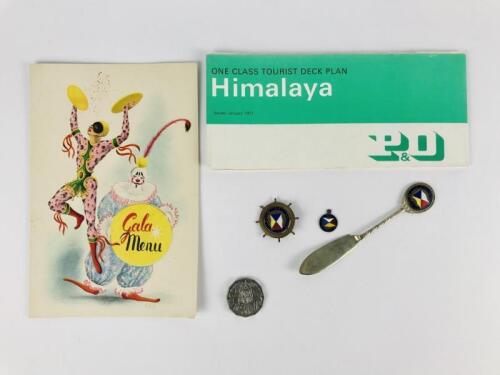 P&O HIMALAYA: Five items: One 'One Class Tourist Deck Plan' Jan 1971, one Himalaya Gala menu 22 Sept 1952 and one SS Himalaya butter knife with brass inset, one Himalaya brass and enamel badge, and one brass Himalaya metal charm.
