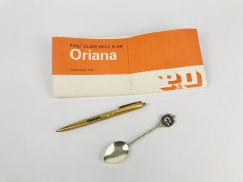 P&O ORIANA: Three items: One Oriana 'First Class Deck Plan' Oct 1968, One Oriana 'maiden voyage' commemorative spoon, and an Oriana pen