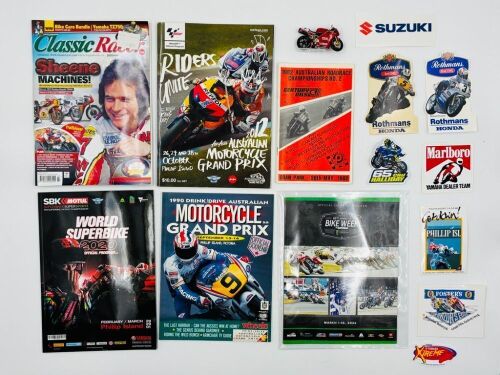 149 · MOTORCYCLE RACING: A group of event programmes together with a copy of Classic Racer Magazine, stickers and a 1:43 scale Ducati 996 model [Location: Sydney]