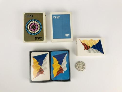 P&O CARD DECKS: 5 decks of cards, 2 sets gold unwrapped in thick cardboard slip cases, I set yellow, blue, white red flag opened (with Los Mgjicos card trick typed instructions), and two P&O flag sets in plastic container unopened.
