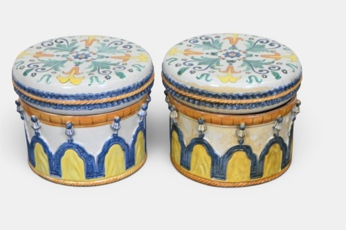 GARDEN SEATS: Two circa 1950s Italian glazed terracotta garden seats with Moorish influence, 35cm high, 42cm diameter