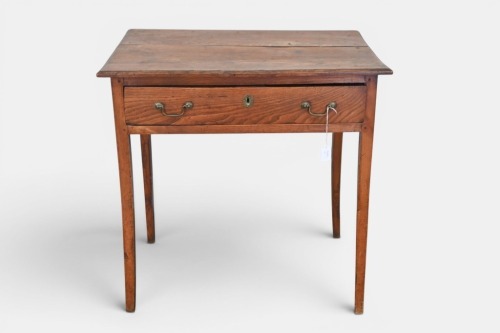 SIDE TABLE: An antique farmhouse style timber single drawer side table with brass fittings, 70cm high, 71cm wide, 48cm deep