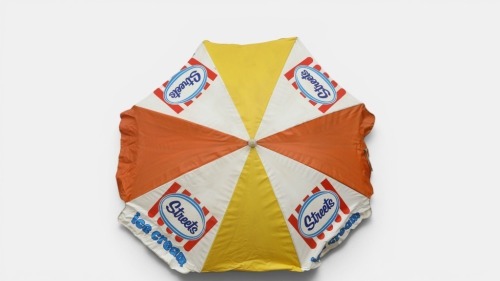 ICE CREAM: A circa 1970s/1980s Streets Ice Cream folding beach umbrella as used on mobile ice cream carts