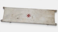 STRETCHER: A vintage military timber and canvas stretcher on wheels with pull out timber handles
