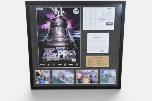 SLATER: A framed and glazed collage featuring Kelly Slater autographed items, including Rip Curl Pro 2008 Bells Beach Tour poster