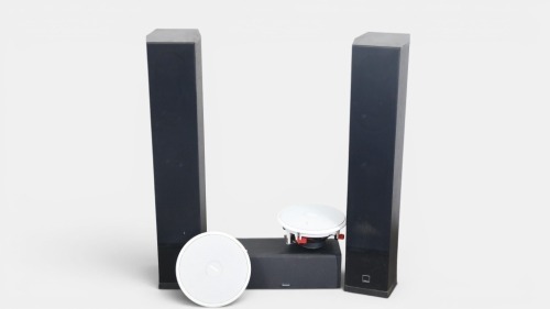 SPEAKERS: A group of speakers, including Boston Acoustics CRC speaker, a pair of Dali Suite 1.5 floor-standing speakers, and a pair of Bose In Ceiling 791 speakers