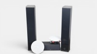 SPEAKERS: A group of speakers, including Boston Acoustics CRC speaker, a pair of Dali Suite 1.5 floor-standing speakers, and a pair of Bose In Ceiling 791 speakers