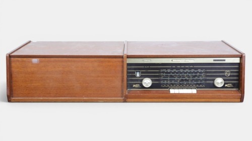 STEREOGRAM: A c1960s Philips Bi-Ampli Stereogram unit comprising a radio and record player, within timber cabinetry
