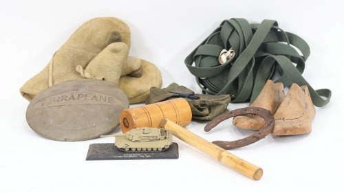 SUNDRIES: A mixed group lot containing items such as cooking mitts, a Terraplane hubcap, timber cobblers' shoe molds, a timber hammer, and others