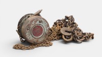 BLOCK AND TACKLE: A heavy industrial Elephant brand 1-Ton block and tackle unit with chain
