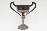 TROPHY: A large Electro-Plated Nickel Silver Lewbury double handled trophy cup, engraved 'The E.A.Palmer Memorial Cup. Measures 40cm high - 2
