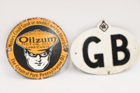PLAQUE & SIGN: An aluminum RAC 'GB' Great Britain, vehicle plaque 18cm wide, along with a small reproduction Oilzum Motor Oils enamel sign 15cm diameter