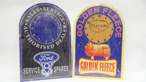 GARAGENALIA: Two new modern tin metal garage themed clock backing boards, includes a Golden Fleece board and a Ford V8 Spares boards, both 60cm high, 40cm wide