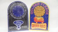 GARAGENALIA: Two new modern tin metal garage themed clock backing boards, includes a Golden Fleece board and a Ford V8 Spares boards, both 60cm high, 40cm wide